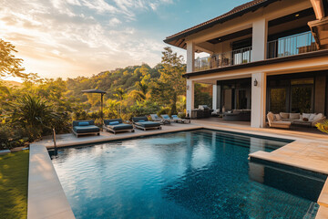 Fototapeta premium Pool villa with swimming pool in the jungle view, Landscape view of modern house with pool for recreation. 