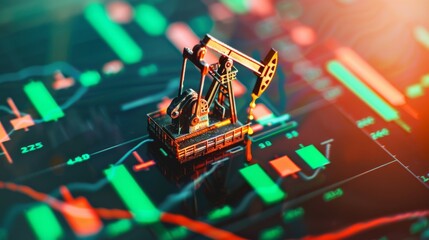 A miniature oil rig is showcased atop an active and colorful stock chart, symbolizing the complex relationship between energy markets and financial trading.