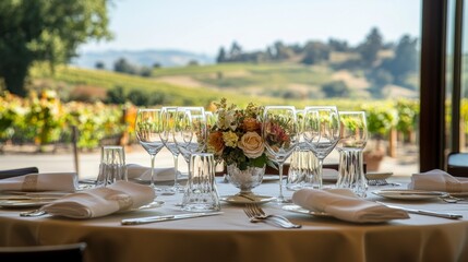 Elegantly set table overlooking scenic vineyard landscape