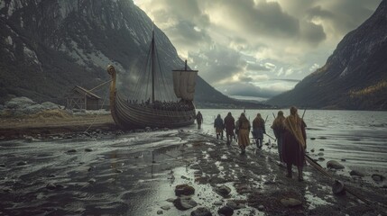 A group of medieval characters approaching a longship, set against a backdrop of towering fjords under a cloudy sky.