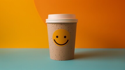 A speckled take-out coffee cup with a smiling face, set against a contrasting blue and orange background, conveying a playful and friendly vibe.