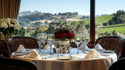 Fototapeta premium Elegantly set table awaiting guests overlooking vineyard