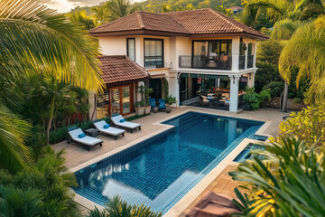 Fototapeta premium Pool villa with swimming pool in the jungle view, Landscape view of modern house with pool for recreation. 