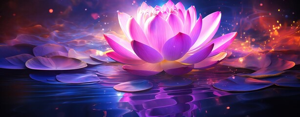 A vibrant pink lotus flower blooming on a serene lake, reflecting the colorful sunset sky and surrounded by peaceful water lilies.