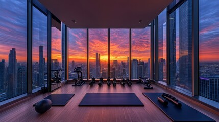Fototapeta premium Modern empty gym offering stunning sunset view over city skyline