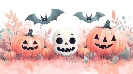 Fototapeta premium Cute Halloween illustration with pumpkins, skull, and bats.