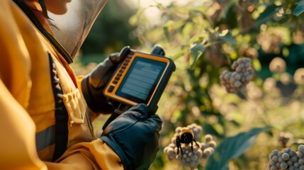 A person in protective beekeeping gear uses a digital device to monitor and manage a beehive amidst a lush and green orchard.