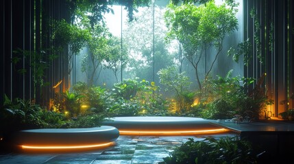 Luminous indoor garden with levitating plant pods and a rainy forest view