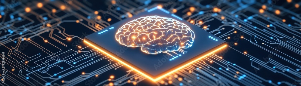 Poster futuristic representation of a human brain on a circuit board, symbolizing artificial intelligence a