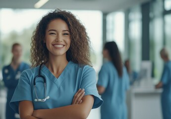 Fototapeta premium Happy nurse in light blue uniform in hospital.