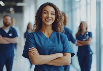 Fototapeta premium Confident female nurse standing in hospital hall.