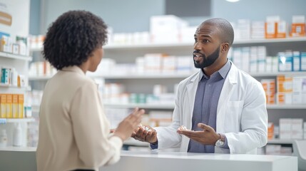 A pharmacist provides guidance to a customer regarding their medications in a bright pharmacy