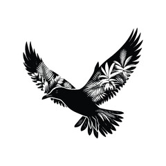 Fototapeta premium silhouette of Seagull filled with tropical plant in the jungle in rough drawing