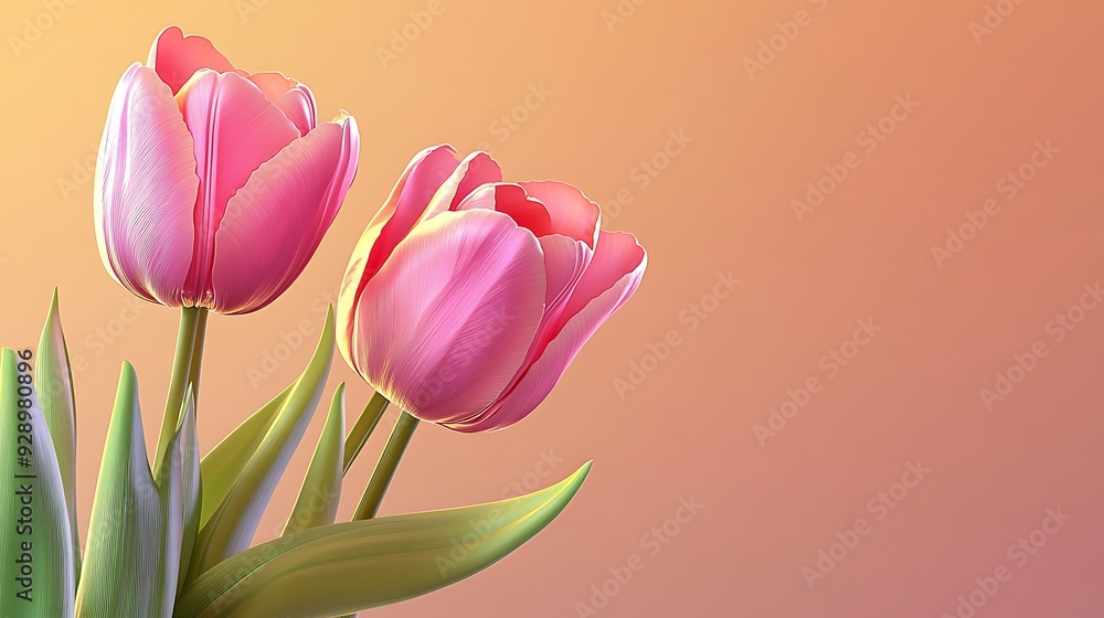 Poster vibrant 3d pink tulip banner with copy space on golden gradient background in minimalistic style