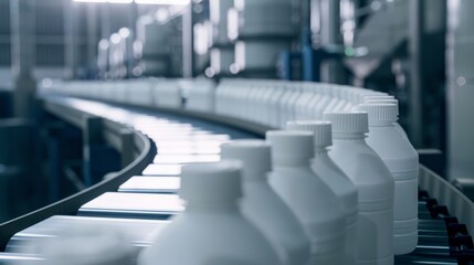 Obraz premium A production line in a factory showcases uniform bottles traveling on a conveyor belt, highlighting automation and precision manufacturing.