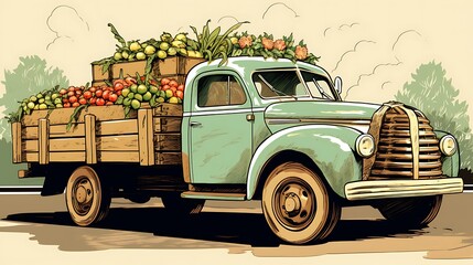 Vintage farm truck loaded with crates of fresh vegetables depicted in a nostalgic vector image.