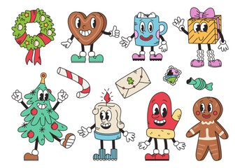 Fototapeta premium Cool Groovy Christmas. Groovy New Year tree, gingerbread, gift, mitten, candle, hot drink in trendy retro cartoon style. Set of vector stickers with characters