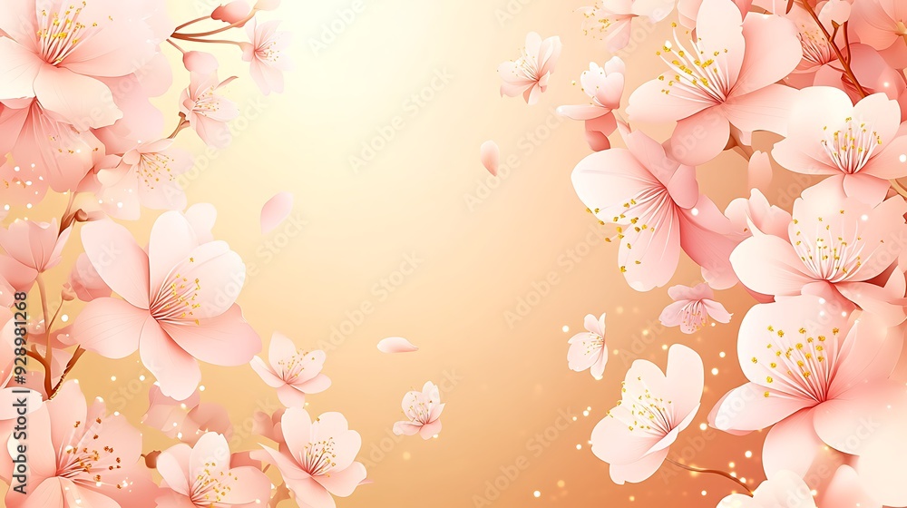 Poster delicate cherry blossom banner with golden gradient background for text copy space in minimalistic s