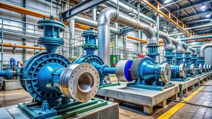 Large centrifugal pump machinery with pipes and valves in a factory or plant, with a metallic and industrial background, conveying industry and infrastructure.