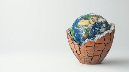 Earth emerging from cracked shell symbolizing environmental protection and global sustainability. Conceptual image on white background.