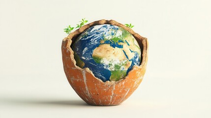 Creative concept of Earth in half shell with small green plants. Symbolizes environmental protection and sustainability.