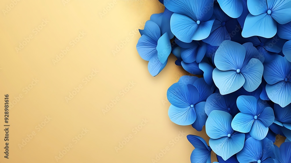 Poster elegant blue 3d hydrangea banner with golden gradient background for minimalistic text space - vecto