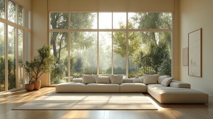 Sun shining through windows of modern living room with garden view