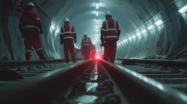 Workers in high-visibility gear are constructing a tunnel, bathed in the glow of bright lights lining the structure.