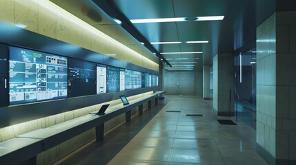 Fototapeta premium A futuristic control room with illuminated screens and clean lines reflects a high-tech environment, focusing on efficiency and modern innovation.