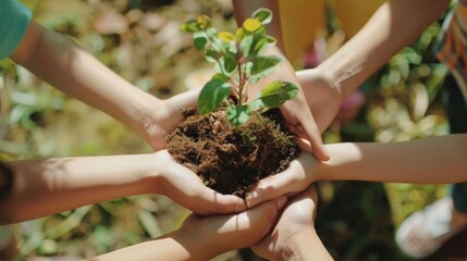 Fototapeta premium Multiple hands hold soil with a small plant, symbolizing unity, collective effort, and nurturing the environment together.