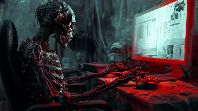 Skeleton working at computer in dark room
