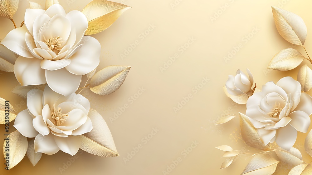 Poster elegant 3d gardenia banner with golden gradient background for minimalistic design layout