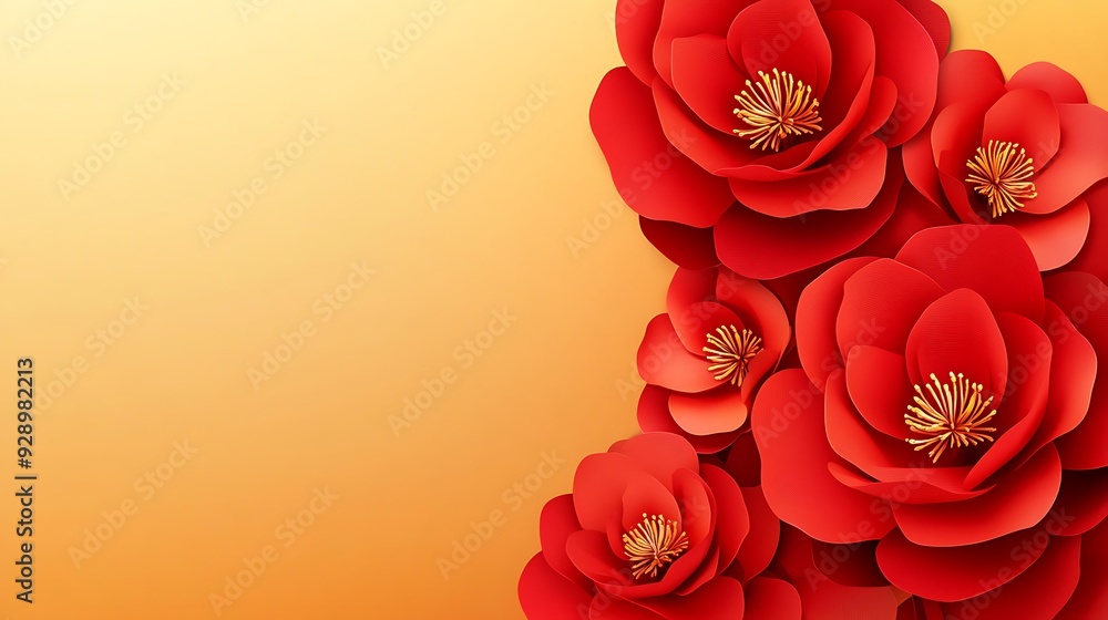 Poster elegant 3d red camellia banner with golden gradient background and copy space, minimalistic design f