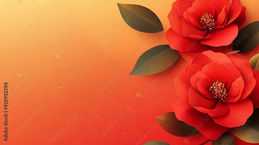 Poster elegant 3d camellia banner with golden gradient background and copy space - vector illustration for 