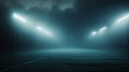 Obraz premium An illuminated football field under the cover of dense fog, goalposts faintly visible, the scene imbued with an eerie, captivating quietness.