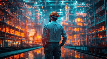 Engineer standing in glowing tech warehouse with lights.