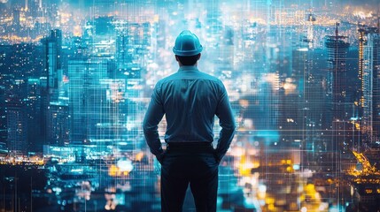 Engineer looks out at a city skyline with blue overlays.