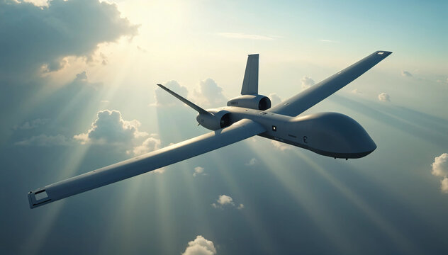 A drone soars through a cloudy sky, with sunlight beams casting dynamic shadows on its body, plus ample space for impactful text.