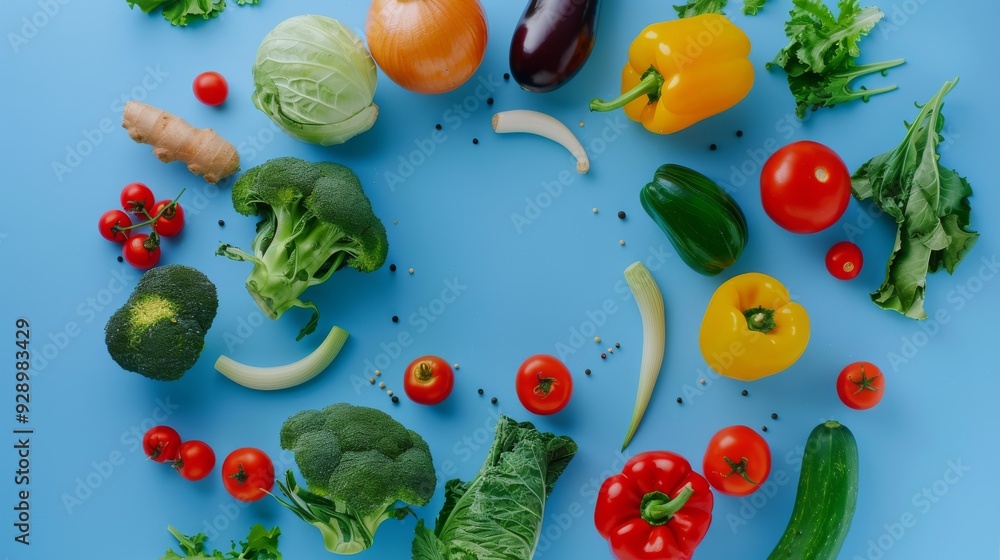 Wall mural Fresh vegetables and fruits, including a halved cucumber and pepper, arranged on a blue background, highlighting the raw vibrancy of healthy foods.