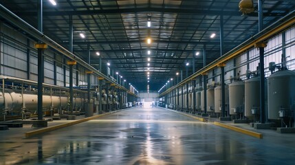 Fototapeta premium Wide view of an industrial factory's spotless floor, lined with large tanks and equipment; lights guide the pathway through the cavernous space.
