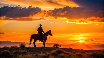 Lonely rider on horseback silhouetted against a warm, vibrant orange and pink sunset, with vast open range and evening shadows in the American West.