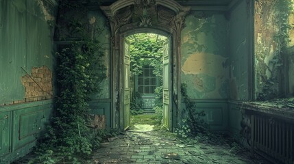 Fototapeta premium Overgrown doorway leading into a decaying room filled with greenery during daylight