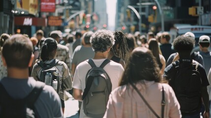 An urban street bustling with people from all walks of life, capturing the essence of city life and human diversity.
