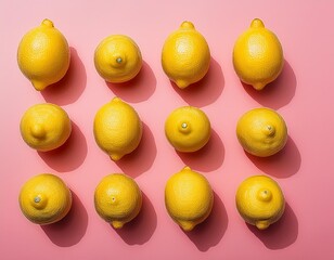 vibrant yellow lemons arranged in a playful pattern against a soft pink background creating a fresh...