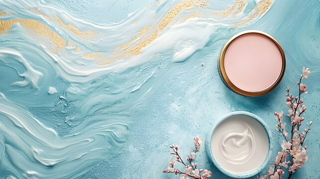 An elegant arrangement of creamy lotions amidst a soothing blue background, perfect for beauty and skincare themes.