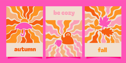 Set retro groovy abstract posters or covers in trendy 70s style. Happy autumn day greeting cards collection. Simple flat hand drawn illustration. Cozy themes with wavy rays.