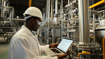 Fototapeta premium A male worker in a white lab coat and hard hat looks at a laptop computer as he stands in a large industrial plant.