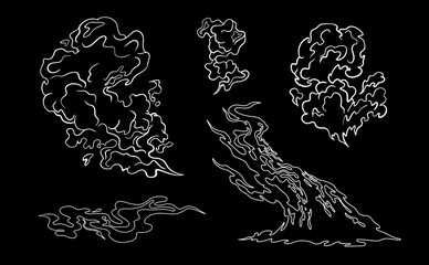 Hand-drawn set of vector smokes of various shapes in a cartoon style.special effects template.Clipart element.steam clouds, puff, mist, fog, watery vapour or dust explosion 2D. hand drawn sky, vector,