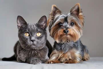 Portrait of Yorkshire terrier and gray cat
