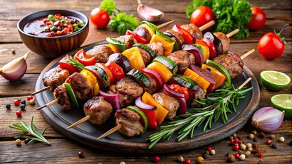 Shish kebab on skewers with assorted meats and vegetables , BBQ, grilling, skewers, kebab, food, meat, vegetables, marinade